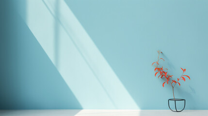 A minimalist interior design featuring a black iron vase and red plant on blue pastel wall background, illuminated by shadows from a window.