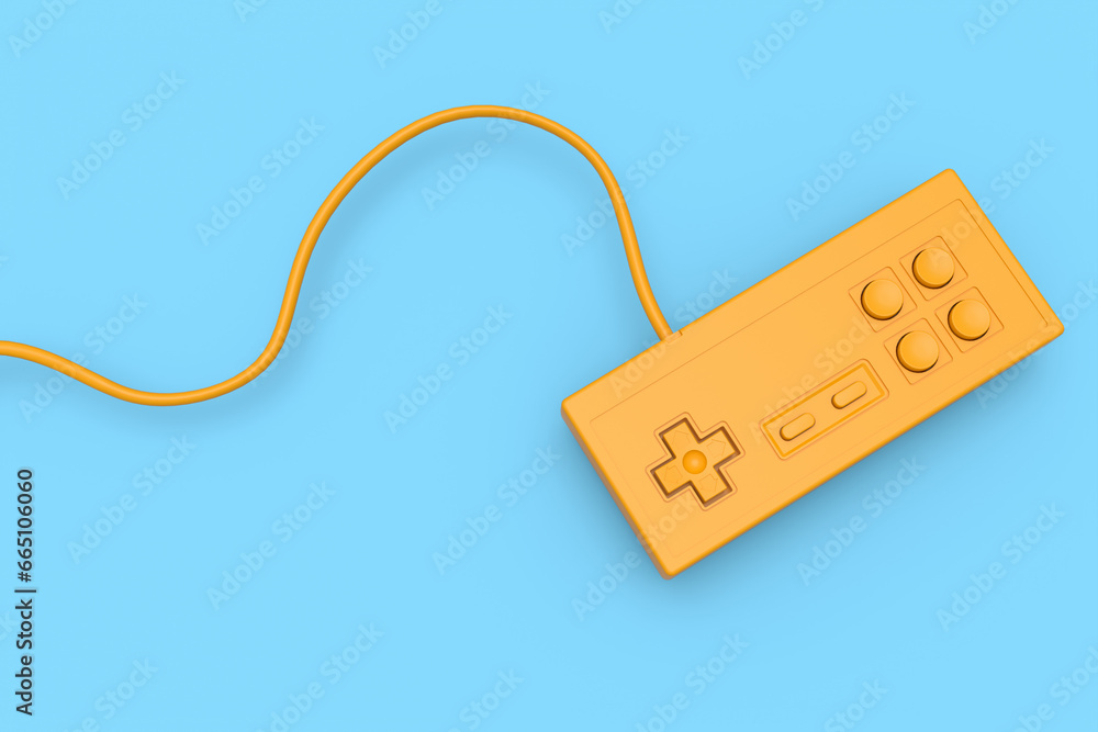 Poster retro computer gaming controller joystick on monochrome blue background.