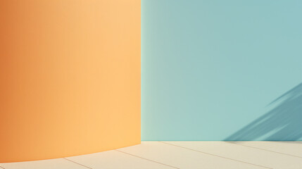 orange blue pastel wall background with soft foliage and copy space 