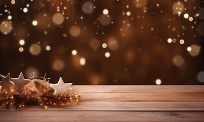 Fototapeta na wymiar Realistic wooden background with romantic christmas decorations and copy space in the middle. A place to make Christmas wishes. generative Ai