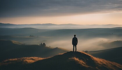 Solitary Figure on Hilltop at Tranquil Dawn