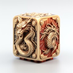 A dragon-themed dice with a vibrant gold and red color scheme