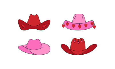 Set of pink cowgirl hats with hearts. Vector outline illustration in retro style. Cowboy girly accessories