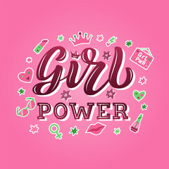 Girl Power color lettering phrase on textured background. Hand drawn vector illustration with text decor for concept or card. Positive motivational quote with cartoon icons set for banner or poster