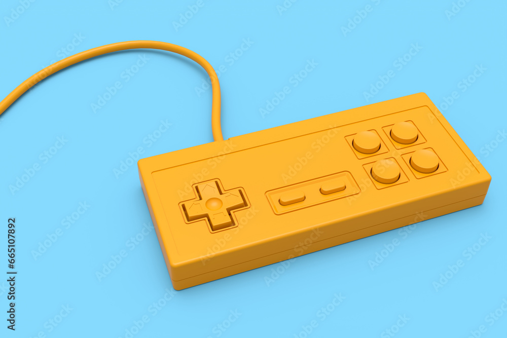 Poster retro computer gaming controller joystick on monochrome blue background.