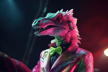 A miniature dinosaur dressed in formal attire
