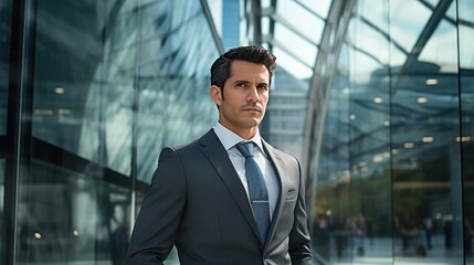 Portrait of a mid adult Mexican businessman in front of a modern corporate glass building