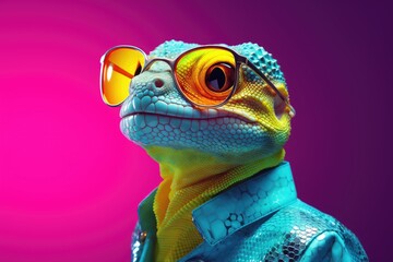 A cool reptile in stylish shades and a trendy blue outfit