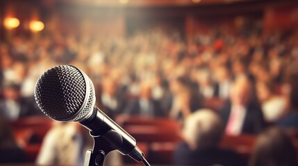 microphone against the backdrop of the auditorium. - obrazy, fototapety, plakaty