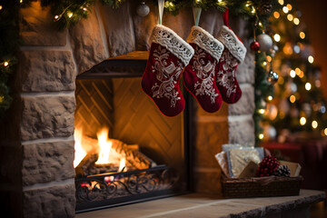Fireplace with christmas decorations, hung stockings filled with gifts in a warm living room