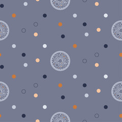 Seamless pattern with an image of a dream catcher and multi-colored circles on a gray background, digital hand-drawn.