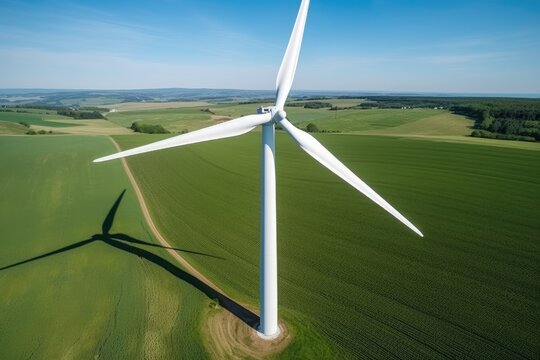 Aerial close up view of wind turbine