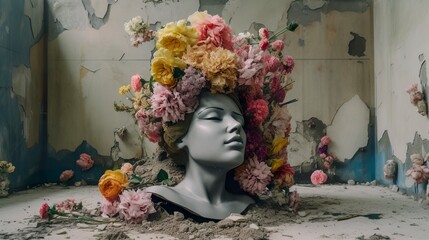 Real flowers cover a sculpture in a concrete building, a sculpture inspired, pastel accent colors, hip hop sculpture.