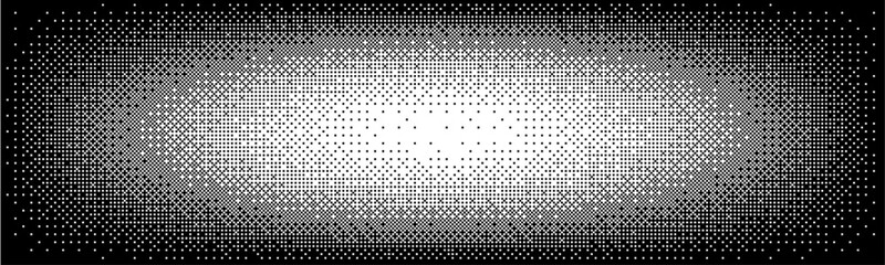 Black and white pixel halftone radial gradient pattern. Texture of squares with color fading dithering. Vector retro illustration