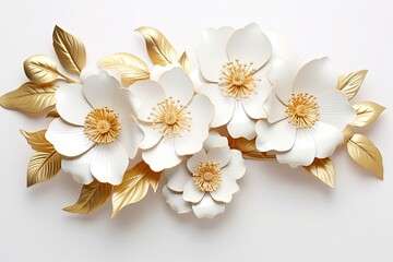 3d gold flowers white backgroung.