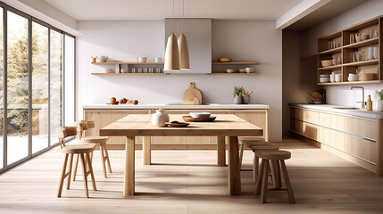 Fototapeta na wymiar Contemporary Scandinavian Minimalism: Kitchen Island, Dining Table, Wooden Stool