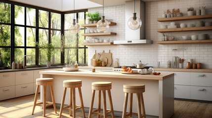 Streamlined Scandinavian Kitchen Design: Island, Dining Table, and Wooden Stool