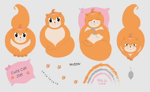 Cute cat set. Four cat positions with different emotions. Isolated vector objects on gray background