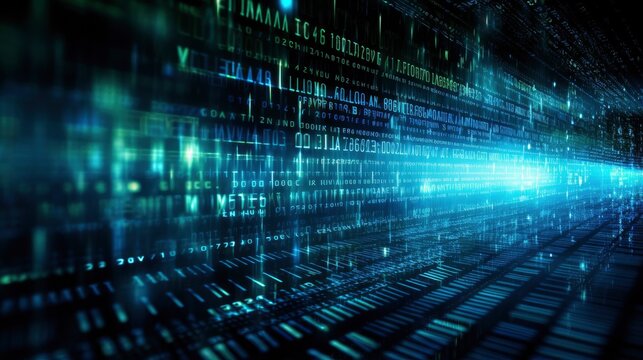 An abstract digital background with binary code and AI algorithms running in the background.