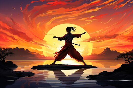 young woman practising wushu at sunset colored drawing 