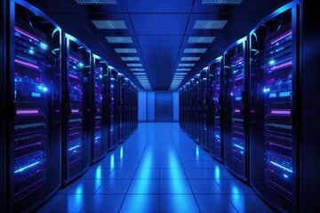 Fototapeta premium A network of servers illuminated by vibrant blue lights in a state-of-the-art data center