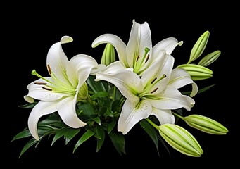 Beautiful fresh lily flower with green leaves, isolated on white background.