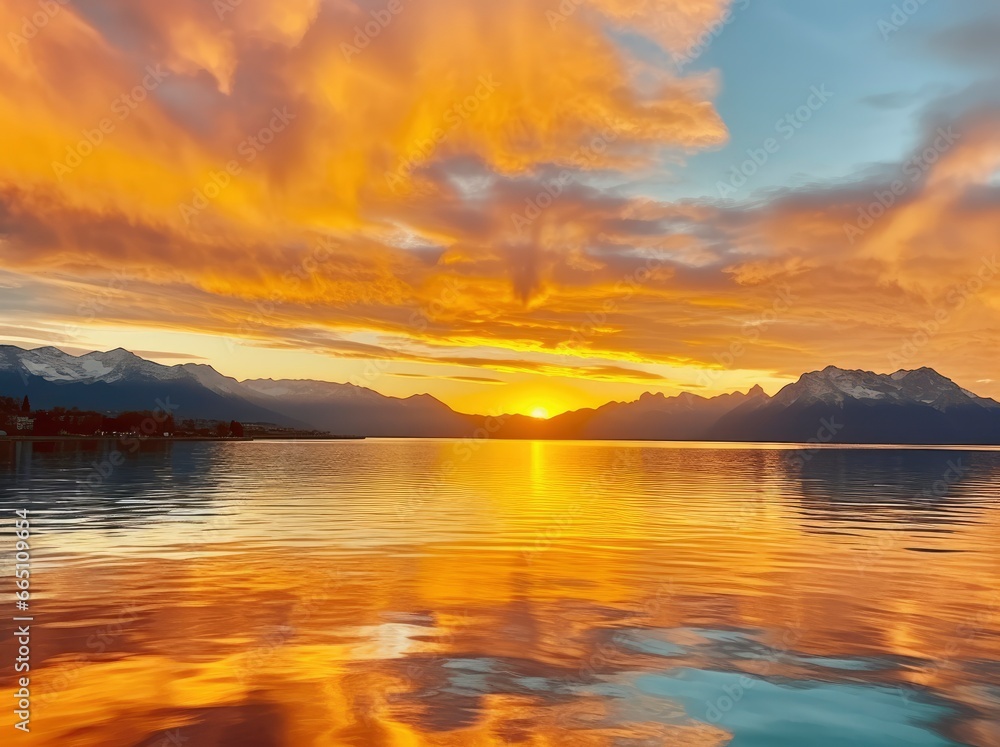 Wall mural bright sunset over lake golden clouds reflect in the water.