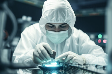A man in a white suit and mask working on a machine created with Generative AI technology
