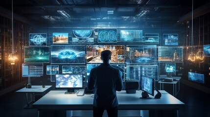 Fototapeta premium a serene environment where Cybersecurity experts monitor and fortify networks, exemplifying the limitless potential of this protective technology