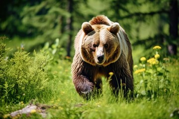 Obraz premium Brown bear moving on the green meadow in springtime nature.
