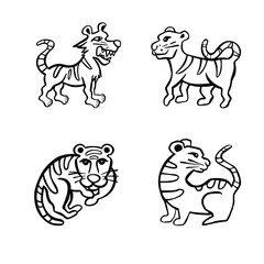 Set of Line sketch, outline tiger, symbol and vector illustration