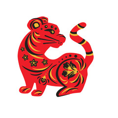 red tiger with ethnic Russian painting, symbol, vector