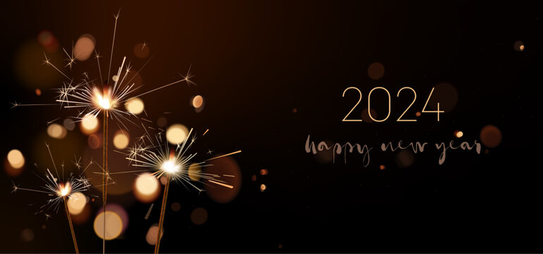 Happy New Year 2024 Greeting Card With Sparklers On Dark Background.