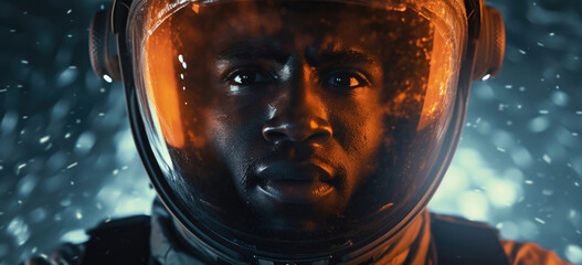 Intense close-up of a black man astronaut amidst a cosmic backdrop, capturing a profound moment in space exploration. Generative AI.