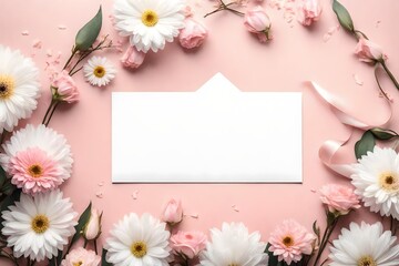 Naklejka na ściany i meble White blank card with pastel flowers and ribbon on pink pale background, floral frame. Creative greeting, Invitation