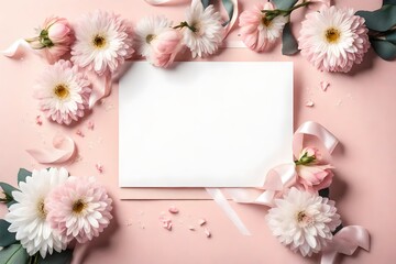 Obraz na płótnie Canvas White blank card with pastel flowers and ribbon on pink pale background, floral frame. Creative greeting, Invitation