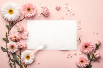 Obraz na płótnie Canvas White blank card with pastel flowers and ribbon on pink pale background, floral frame. Creative greeting, Invitation