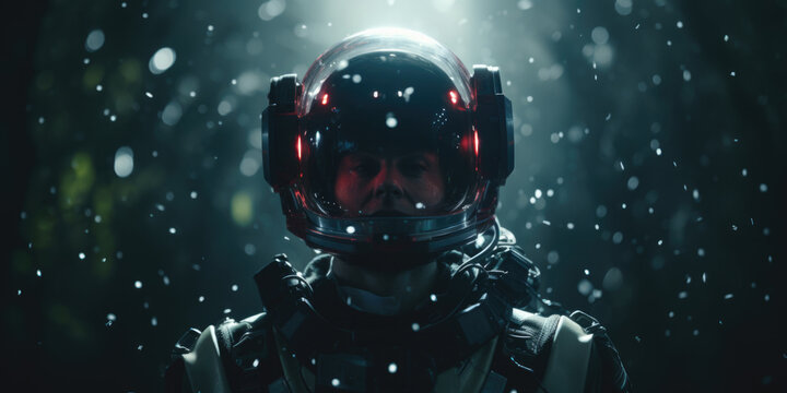 A determined space explorer enveloped in darkness, illuminated by the soft glow of his high-tech helmet. Snow-like particles surround him, adding a mysterious ambience. Generative AI.