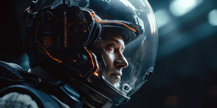A futuristic astronaut wearing an advanced helmet with integrated digital displays gazes intently into the distance. Deep blue hues set an atmospheric tone. Generative AI.