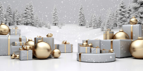 Snowy Landscape with Gold and Silver Decorations
