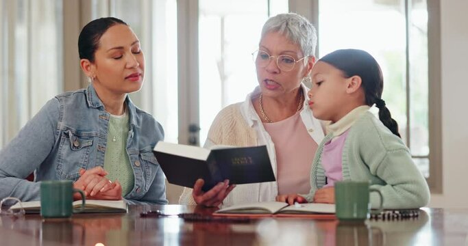 Family, child and reading Bible for christian education, religion teacher and student learning of God at home. Senior woman, grandmother and girl with holy book, talking of gospel, faith or scripture