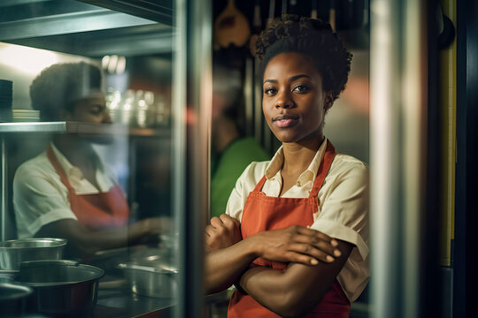 Generative AI illustration of black waitress in apron waiting in a restaurant kitchen while looking at the camera against a blurred background