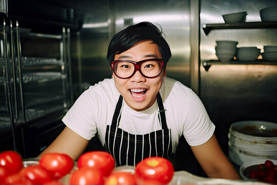 Generative AI illustration of Portrait of young man in striped black apron on with vegetables on table on restaurant kitchen looking at camera