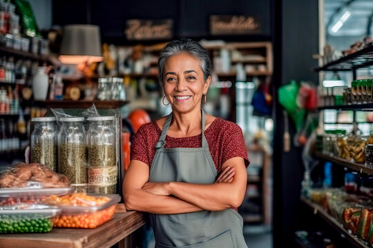 Generative AI illustration of mature woman in uniform with gris hair crossing arms and looking at camera during work in shop in blurred background