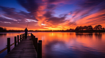 Fototapeta premium An enchanting twilight scene of a lone angler on a wooden pier, casting their line into the shimmering water as the sun sets in the background