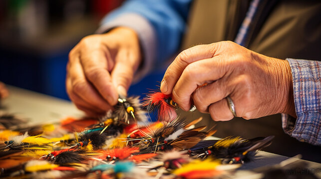 A close-up of a fisherman's hands skillfully tying a variety of colorful fishing flies, highlighting the artistry of fly tying