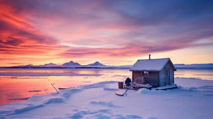 A cozy ice fishing hut, warmly lit from within, sitting atop a frozen lake surrounded by a pristine snow-covered landscape, offering a retreat for anglers during a cold winter's da