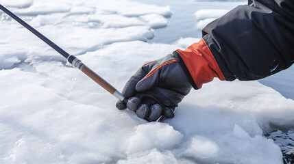 A close-up of an angler's gloved hand holding an ice fishing rod, the line disappearing into a hole in the thick ice, waiting for a bite in the serene solitude of a winter's day
