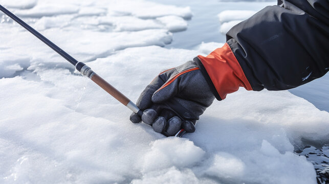 Premium Photo  Winter fishing fishing rod with a fishing line near the ice  hole ice with snow