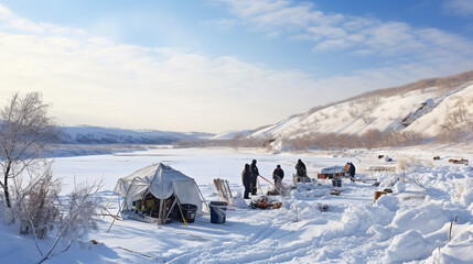 An expansive frozen river, where a group of ice fishermen, each at their fishing hole, enjoy a shared winter angling experience, framed by the tranquility of the season
